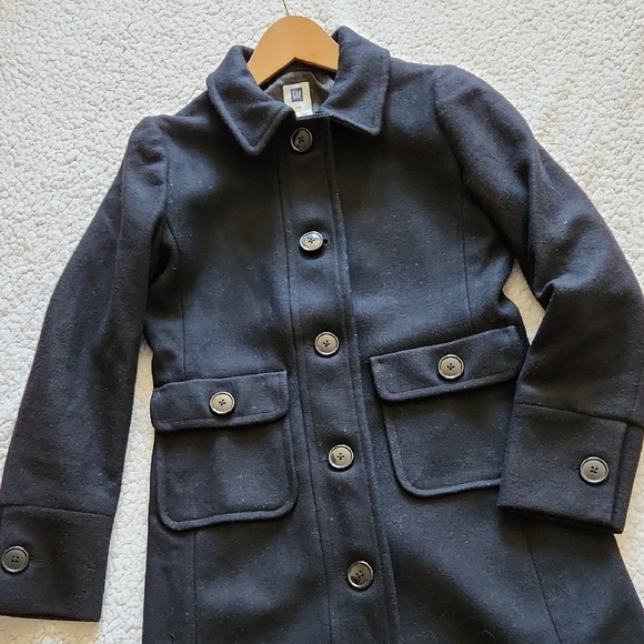 GAP Classic Black Wool Blend Trench Coat Lined Sz XS Minimalist Preppy Normcore - Picture 2 of 16